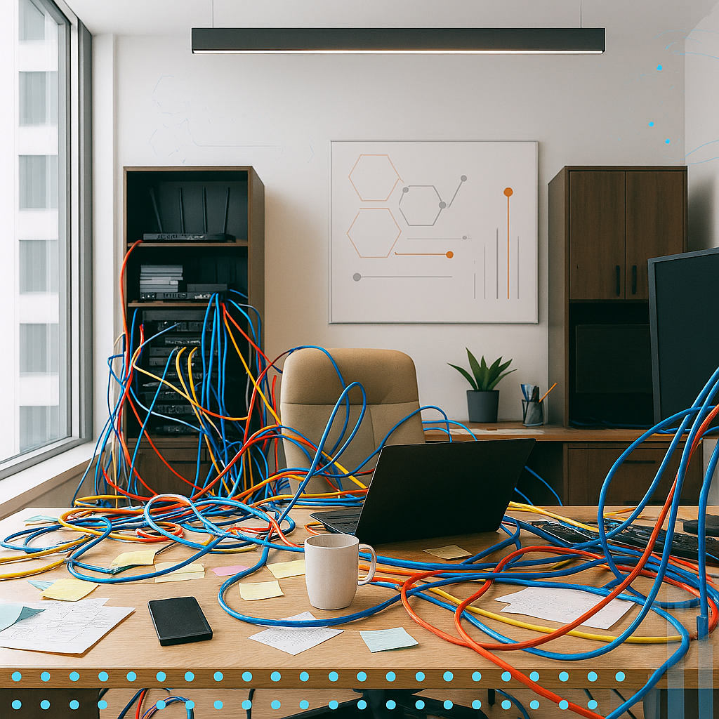 Before Blume Technology: A Startup’s IT Chaos Tangled network cables covering office desk with laptop, server rack, and tech equipment